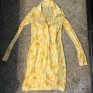 Sheer yellow dress with built in slip, faux button down